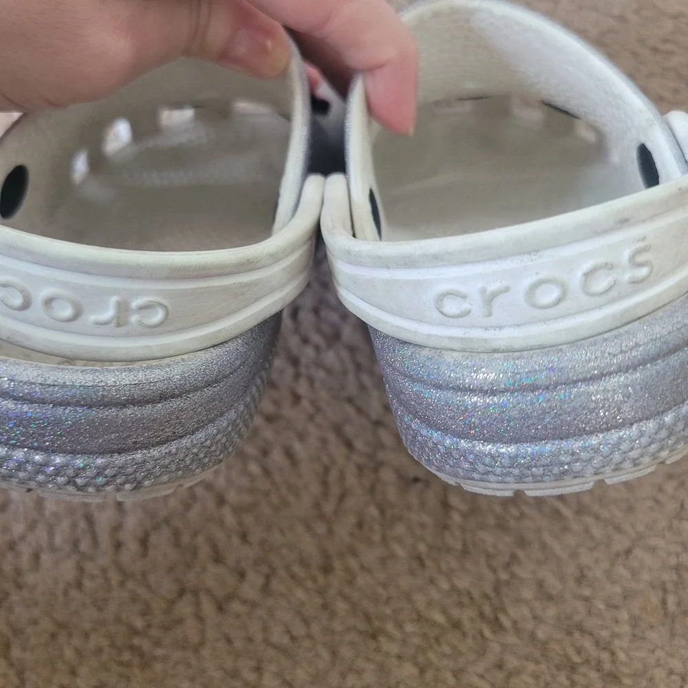 Crocs Kids 11 Classic Glitter Clog Silver Sparkle Unicorn Rainbow‎ Charms Shoes